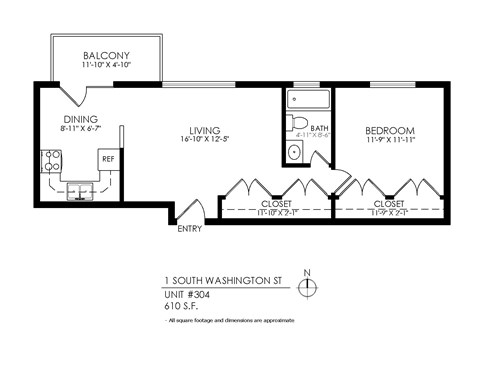 Floor plan for 1 bed, 1 bath, 605 sqft